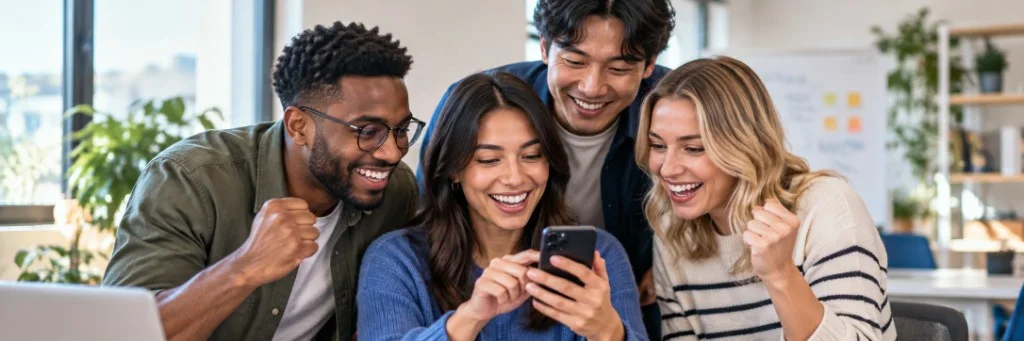 Coworkers celebrating together around a smartphone